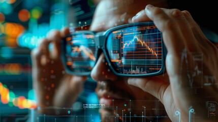 A man wearing augmented reality glasses is looking at a stock market graph.