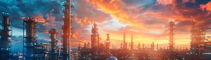 An oil refinery at sunset