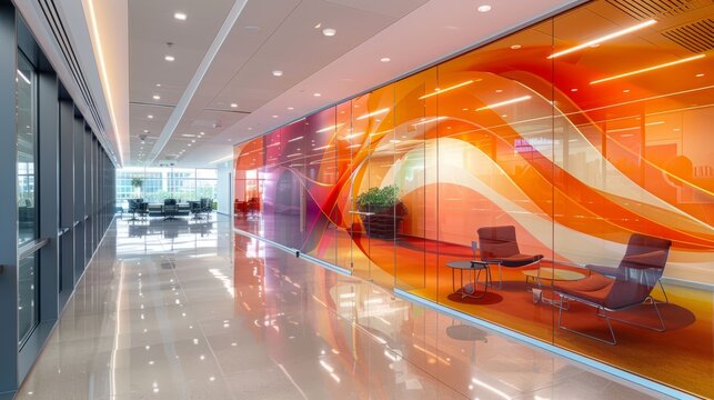 A modern office hallway with glass walls and colorful graphics.