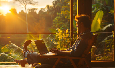 Silhouette of young working on laptop against dramatic sunrise on mountain peak overlooking sea - remote work concept