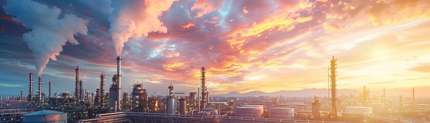 An industrial zone with a sunset in the background - obrazy, fototapety, plakaty