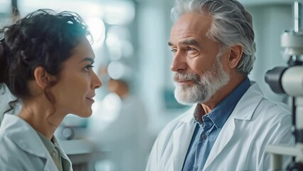 Ophthalmologist conducting eye exam for patient to assess visual health. Concept Visual acuity, Eye health check, Optometric examination, Refraction test, Vision assessment