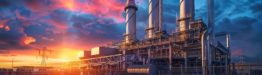 The image shows an industrial power plant at sunset.