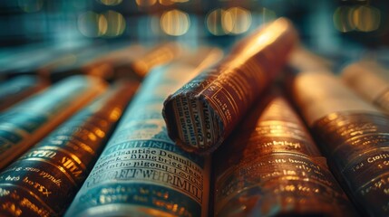 A stack of old books with the focus on the book at the top of the stack.