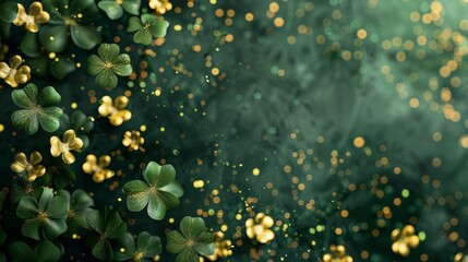 Naklejka na ściany i meble 3d abstract background with golden clover leaves on dark green texture