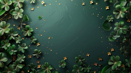 3d abstract background with golden clover leaves on dark green texture