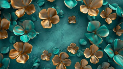 3d abstract background with golden clover leaves on dark green texture - obrazy, fototapety, plakaty