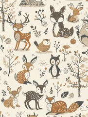 Whimsical Cartoon Forest Animals Children's Wallpaper - Playful Nature Theme Illustration