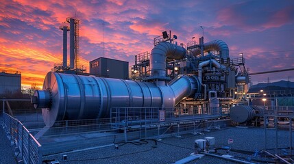 An industrial plant with a large metal structure in the center and a beautiful sunset in the background.