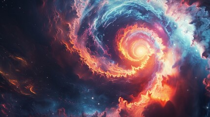 Vivid and abstract space scene featuring a black hole at the center, with stars and material caught in its gravitational pull, rendered in bright, swirling hues and movement