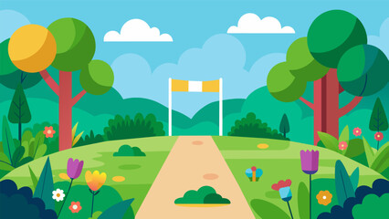 The finish line is located in a lush park surrounded by trees and flowers symbolizing growth and progress.. Vector illustration