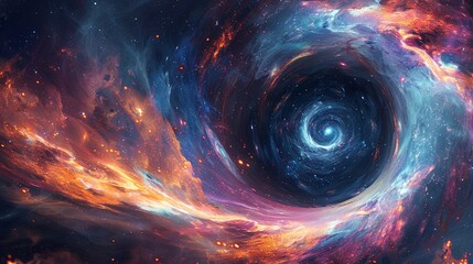 Vivid and abstract space scene featuring a black hole at the center, with stars and material caught in its gravitational pull, rendered in bright, swirling hues