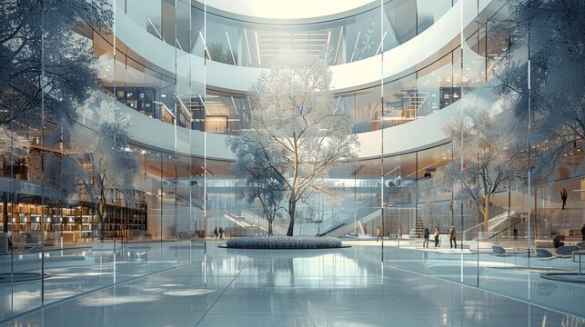 An illustration of a futuristic library with a large glass atrium and a tree in the center.