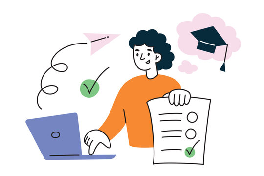 Student passing online test, apply to college composition, girl sending application form to university, exam composition, doodle icon of graduation hat, vector illustration of person working on laptop