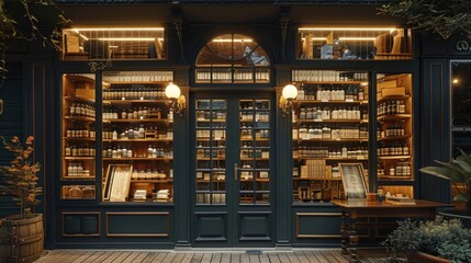 An illustration of the exterior of an old-fashioned apteka with a wooden door and large windows full of shelves of potions and jars.