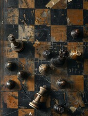 Obraz na płótnie Canvas Overhead View of Vintage Wooden ChessboardWorn Pieces on Wooden Surface.