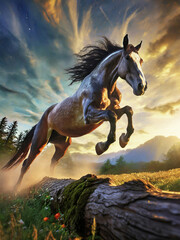 Wild horse jumps over a tree trunk at a gallop, AI generated