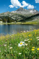 Alpine tranquility with wildflowers and mountain lake 