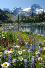 Obraz premium Alpine tranquility with wildflowers and mountain lake