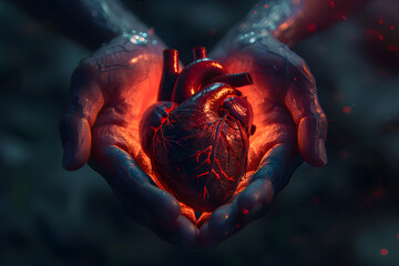 Glowing human heart in hands doctor.