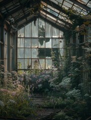Atmospheric Abandoned Greenhouse Glass - Captivating Nature Photography Scene