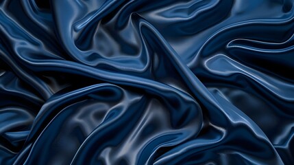 Dark blue silk satin. Soft folds. Fabric. Navy blue luxury background. Space for design.Wavy lines.Banner. Wide.Long. Flat lay, top view table. Beautiful. Elegant. Birthday, Christmas, Ai generated 