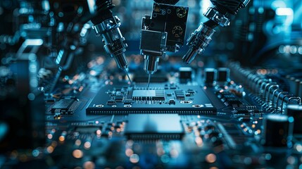 A close up of a circuit board being assembled by a robot. - obrazy, fototapety, plakaty