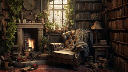 A cozy reading corner with a plush armchair and a towering bookshelf filled with well-worn classics.