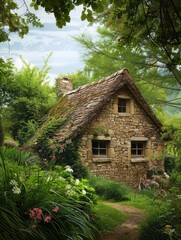 Fototapeta na wymiar Tranquil Stone Cottage in Countryside Setting Nestled Among Trees and Flowers.