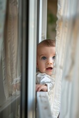 Portrait of baby peeking on balcony 