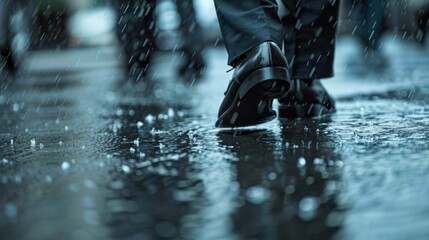 The picture of the person is working as business person and walking to work in street while rain, the businessman require skill like management, negotiation, marketing and the communication. AIG43.