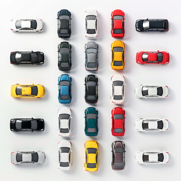 A grid of toy cars of various colors viewed from above.