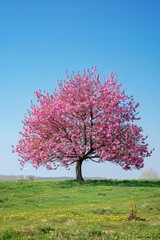 Fototapeta premium travel in nature concept with pink cherry blossom tree and clear sky in springtime season 