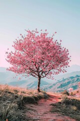 Obraz premium travel in nature concept with pink cherry blossom tree and clear sky in springtime season