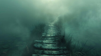 Misty Wooden Pathway Over Tranquil Waters