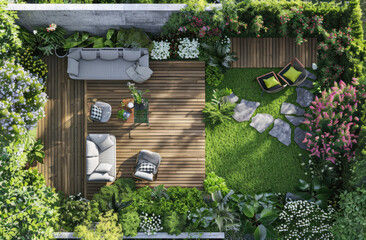 Fototapeta na wymiar Beautiful wooden terrace with outdoor seating and garden furniture surrounded by lush greenery and blooming flowers, creating an inviting space for relaxation in the home's backyard