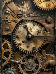 Fototapeta na wymiar Detailed View of Intricate Antique Clockwork Mechanism - Vintage Timepiece Close-Up Photography