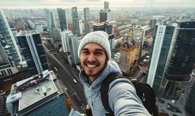 A man, takes a photo of a selfie on the roof of a skyscraper against the backdrop of a big city on a summer day. Extreme risky photography.