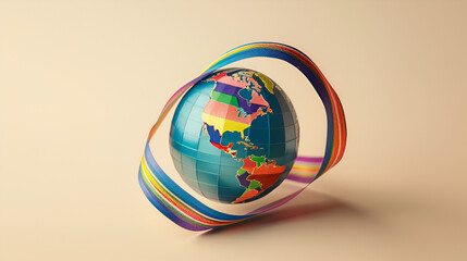 A globe wrapped in a ribbon featuring the colors of different racial identities