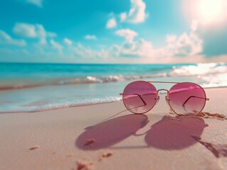 Fototapeta na wymiar Beachwear Trends: Top View of Sunglasses and Pink 2-Piece Bikini Swim Suit on Sandy Beach - Summer Holiday Style