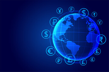 global virtual money transfer techno concept background in set