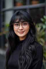 beautiful indonesian woman with long black wavy hair, street photography, nerdy woman wearing glasses, woman in her 20s, fashion model, summer clothes, photography, smiling.