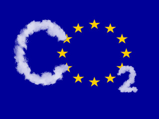 Europe Union flag with CO2 sign. Ecological problems, greenhouse gas, ice melting, climate change and global warming