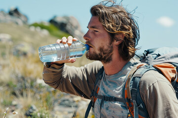 Hiker staying hydrated by drinking from a water bottle during outdoor adventure