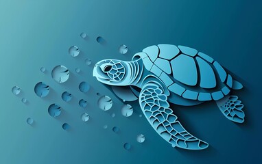 Paper cut Turtle icon isolated on blue background. Paper art style. Vector Illustration