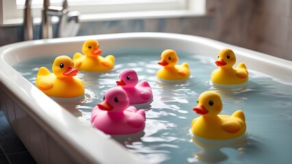 :A row of colorful rubber duckies floating peacefully in a bathtub  - obrazy, fototapety, plakaty