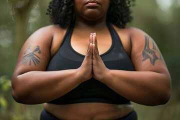 A body-positive image of a plus-size woman engaging in yoga practice, emphasizing the importance of health and well-being regardless of body shape