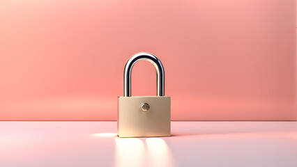 A gold colored lock with a silver handle sits on a pink background