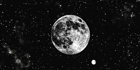 black and white illustration of a full moon with a black background