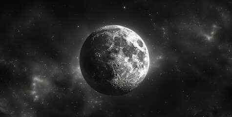 black and white illustration of a full moon with a black background - obrazy, fototapety, plakaty